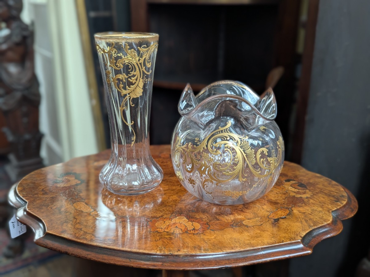 Art Nouveau St Louis Gilded Glass Bowl With Wavy Rim And Vase